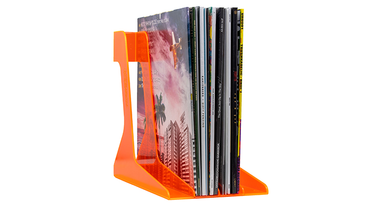 Product picture of Orange Vinyl Record Stand. Filled with with Records.