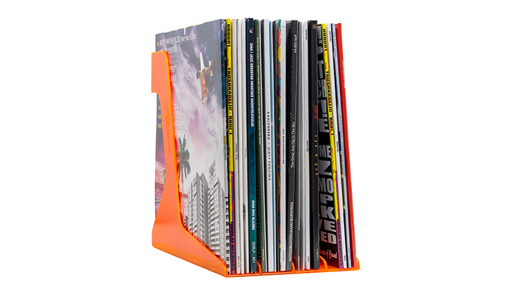 Product image of Vinyl Record Stand in Orange filled with LP.